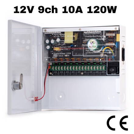 RGB-1210-09C impulsní napájecí zdroj, 12V DC, 9 portů, 10A, nástěnný v instalační skříňce