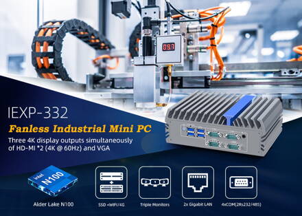 IEXP-332 průmyslové PC, Intel N100, 2× HDMI, VGA, 4× COM, Dual LAN, Barebone