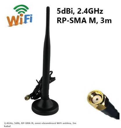 2,4GHz, 5dBi, RP-SMA M, omni všesměrová WiFi anténa, 3m kabel