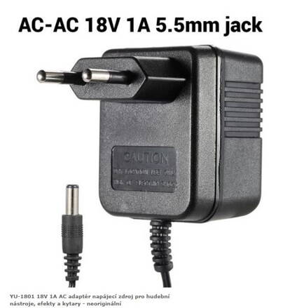 YU-1801 18V 1A AC adaptér napájecí zdroj pro hudební nástroje, efekty a kytary - neoriginální