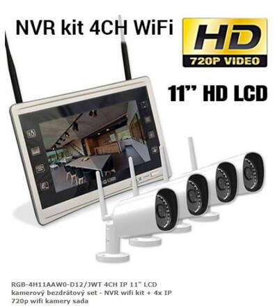 RGB-4H11AAW0-D12/JWT 4CH IP 11" LCD kamerový bezdrátový set - NVR wifi kit + 4x IP 720p wifi kamery sada