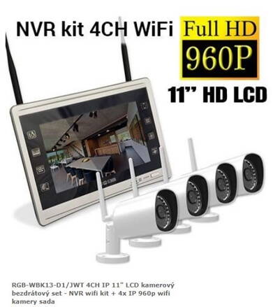RGB-WBK13-D1/JWT 4CH IP 11" LCD kamerový bezdrátový set - NVR wifi kit + 4x IP 960p wifi kamery sada
